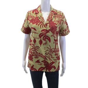 Muze Womens Button Front Short Sleeve Floral Linen Shirt Brown Red Size Large